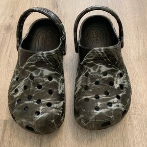 Child size 13 Crocs grey and black camouflage